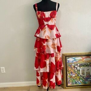 Mika & Gala Lily White Floral Tiered Maxi Dress Open Back Tie Beach Romantic Med